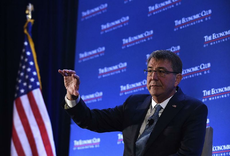 Defense Secretary Ash Carter speaks about the upcoming Defense Department’s budget during a speech at the Economic Club of Washington in the nation’s capital Tuesday. 
