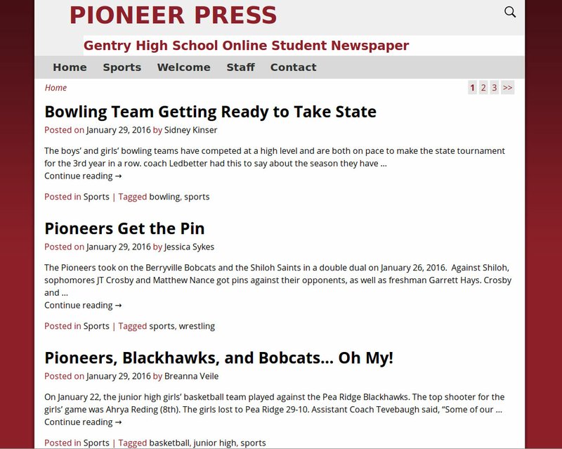 Screen Shot Pioneer Press, Gentry High School&#8217;s student newspaper, is now digital and online, allowing more students to learn writing and publishing skills and making it possible for news items to be published in a more timely fashion. It may be read at http://gentrypioneers.com/pioneerpress.