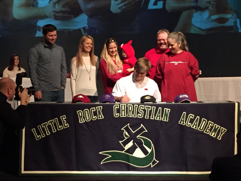 Little Rock Christian Academy offensive lineman Dylan Hays signed to play with the Arkansas Razorbacks on National Signing Day Wednesday. 