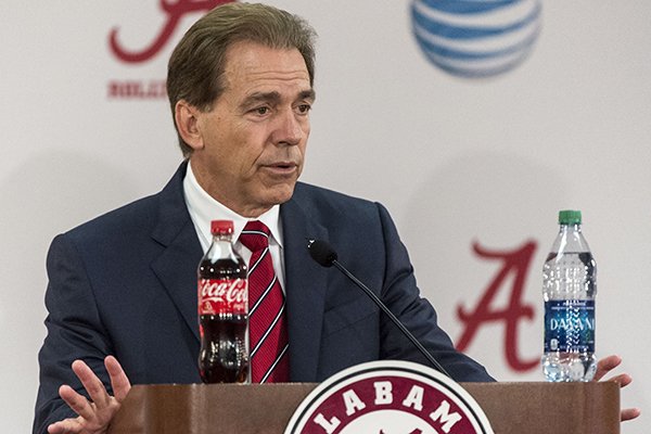 Alabama football coach Nick Saban talks about his recruiting class during an NCAA college football news conference on national signing day, Wednesday, Feb. 3, 2016, at Naylor-Stone Media Suite in Tuscaloosa, Ala. (Vasha Hunt/AL.com via AP)