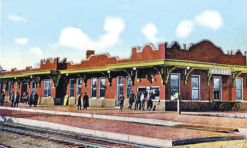 Union Station at First and Cherry streets in Rogers was completed in 1914 and served Rogers until it was torn down in 1977. It was unique because of its unusual parapet roofline. The brick platform in the foreground was 600 feeet long.