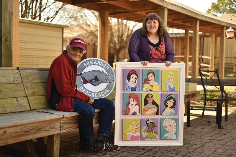 Cupid’s Dinner Theater will feature dinner and a show, as well as an auction of original artwork created by clients at Civitan Services in Benton. Kevin Edwards, left, is working on this mosaic of an Arkansas Razorback, and Brittany Wynes, right, has created this painting featuring Disney princesses.