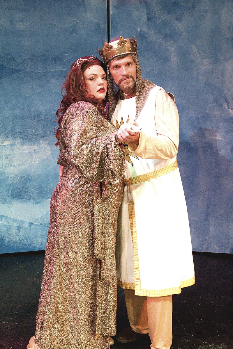 Photo courtesy Kinya Christian Wendell Jones is King Arthur and Anna Knight is the Lady of the Lake in the Arkansas Public Theatre production of Monty Python&#8217;s &#8220;Spamalot.&#8221;