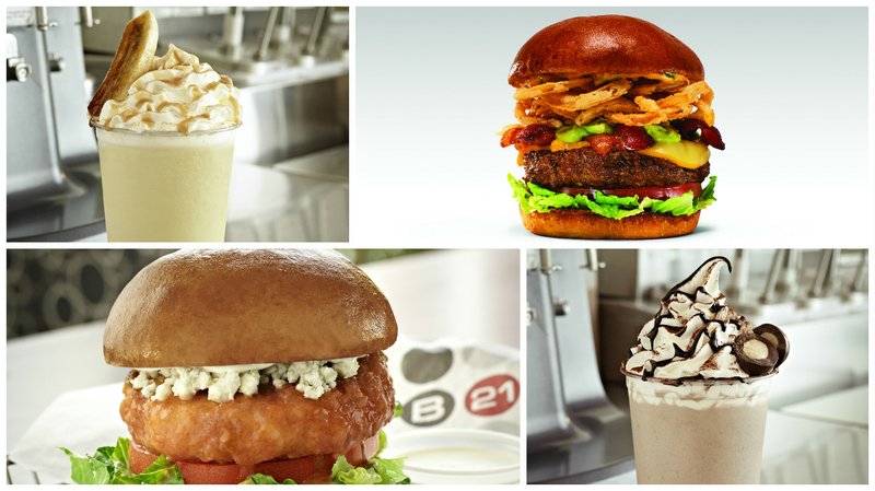 Clockwise, from top left, Bananas Foster milkshake; the Tex-Mex Haystack; the Chocolate Malted Milk Ball shake; and the Buffalo Chicken Burger. 