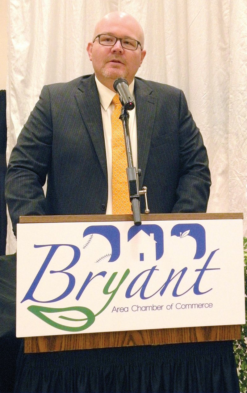 Carlton Billingsley, 2016 president of the Bryant Area Chamber of Commerce Board of Directors, speaks to the crowd of about 400 people gathered for the chamber’s annual winter banquet Jan. 28.