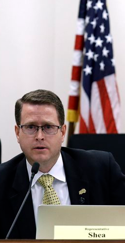 Rep. Matt Shea, R-Spokane Valley, asks a question during a hearing of the House Judiciary Committee on proposed gun control measures on Thursday, Jan. 21, 2016, in Olympia, Wash. 