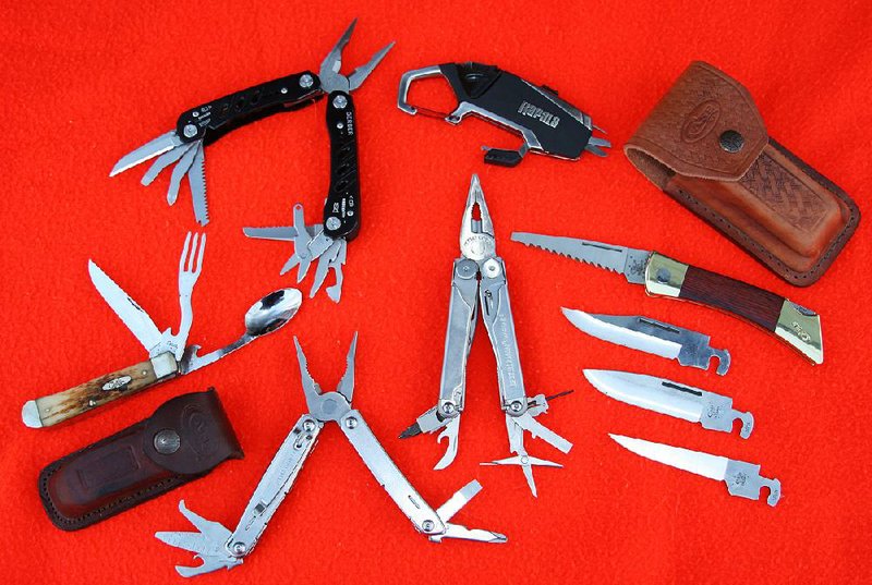 Multitools are more versatile than standard pocketknives and are indispensable for sportsmen. Clockwise (from left) are the Case Hobo with the knife, fork and spoon; Gerber Evo; Rapala Fisherman’s Multi-Tool; Case Changer; Leatherman Wave; and the Leatherman Wingman. 