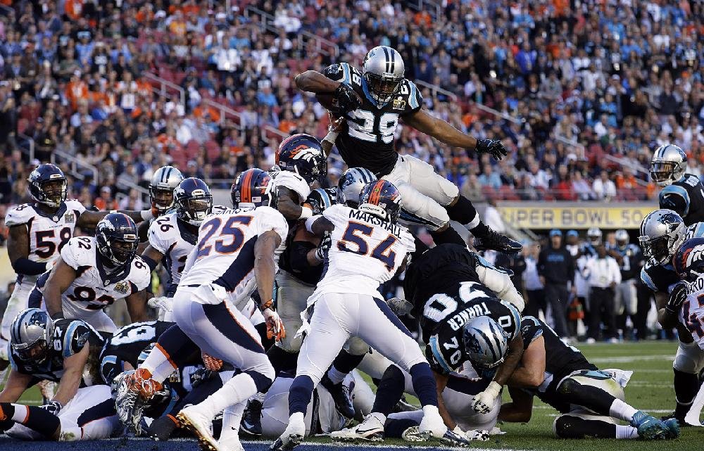 Denver Broncos Von Miller (58) celebrates a sack of Carolina Panthers  quarterback Cam Newton for 11 yard loss forcing a fumble that turned into a  Broncos touchdown in the first quarter of