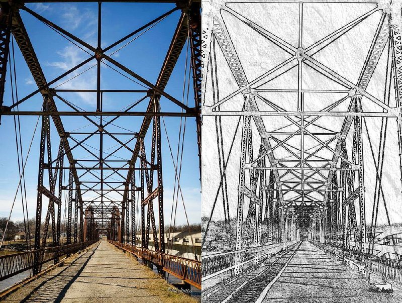 A photo of a bridge in Strang, Okla., (left) is transformed into a sketch on fine-art paper (right) in Effects Studio using only about four taps in Edit mode and two uses of sliders to increase intensity. The photo took less than a minute to transform. 