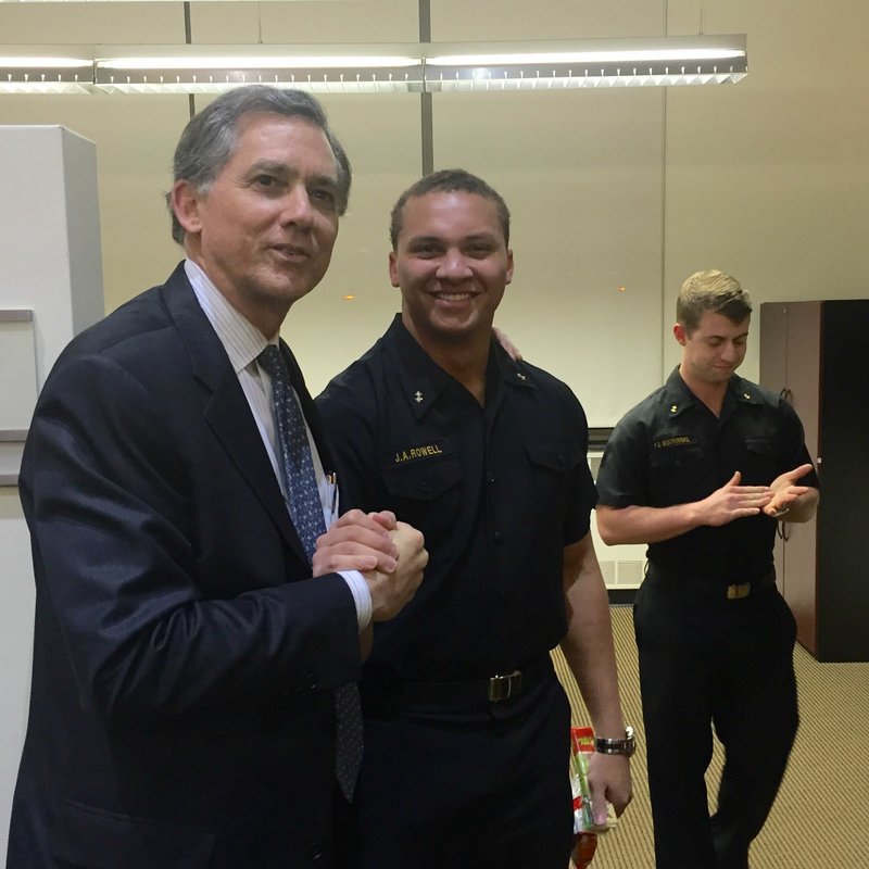  U.S. Rep. French Hill greets Jacob Rowell, an Episcopal Collegiate School graduate, during a visit Thursday to the Naval Academy in Annapolis, Md.