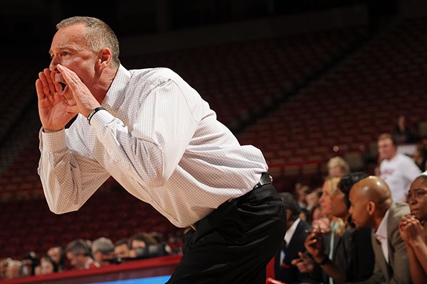 Arkansas coach Jimmy Dykes reacts to a call against Florida Thursday, Jan. 28, 2016, during the second half of play in Bud Walton Arena.