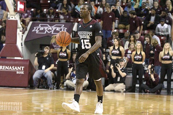 Mississippi State guard I.J. Ready (15) dribbles the ball downcourt during the first half of an NCAA college basketball game against Alabama in Starkville, Miss., Tuesday, Feb. 2, 2016. Alabama won in overtime 82-80. (AP Photo/Jim Lytle)
