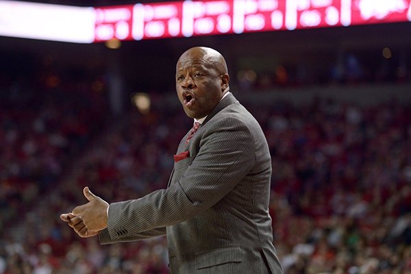 Arkansas coach Mike Anderson reacts to a call during a game against Tennessee on Saturday, Feb. 6, 2016, at Bud Walton Arena in Fayetteville. 