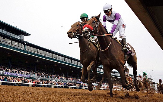 The Associated Press NYQUIST’S QUEST: Nyquist, right, with Mario Gutierrez up, finishes ahead of Swipe with Victor Espinoza up to win the Breeders’ Cup Juvenile Oct. 31 at Keeneland in Lexington, Ky. Nyquist, the current Associated Press favorite for the Kentucky Derby, is gearing up for his 3-year-old debut in the seven-furlong San Vicente Saturday at Santa Anita.