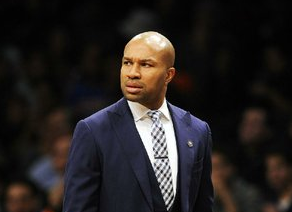 New York Knicks head coach Derek Fisher reacts to his team during an NBA basketball game against the Brooklyn Nets on Friday, Nov. 7, 2014 at Barclays Center in New York. (AP Photo/Kathy Kmonicek)