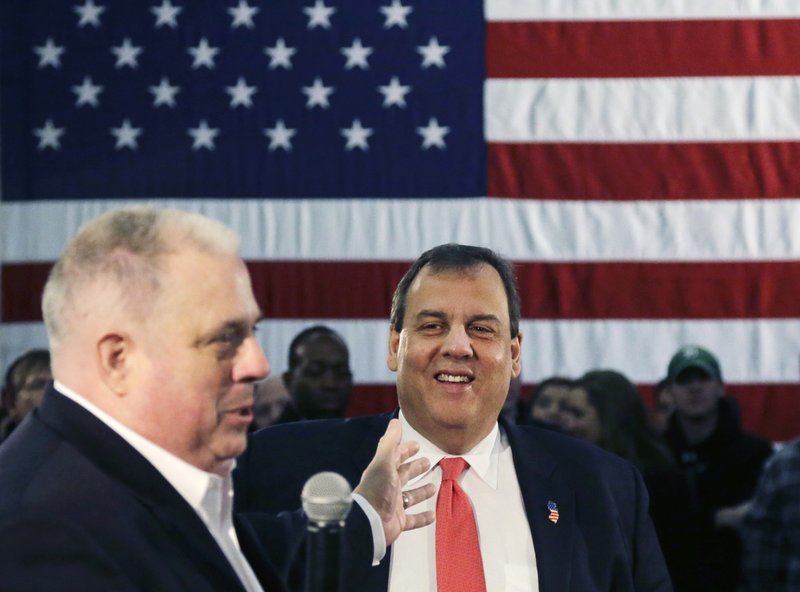 New Jersey Gov. Chris Christie smiles as he is introduced by Maryland Gov. Larry Hogan at a town hall-style campaign event, Monday, Feb. 8, 2016, in Hudson, N.H. (AP Photo/Elise Amendola)