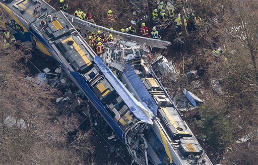 Aerial view of rescue forces working at the site of a train accident near Bad Aibling, Germany, on Tuesday, Feb. 9, 2016. Several people were killed when two trains collided head-on.