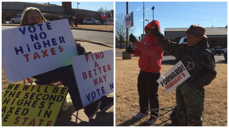 Supporters and opponents of the 7.6-mill property tax increase campaign outside the Jacksonville Community Center on Tuesday, Jan. 9, 2016. 