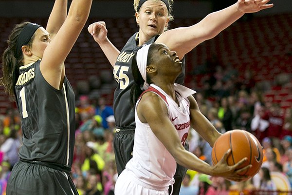 Arkansas' Malica Monk (3) goes up for a shot during a game against Vanderbilt on Monday, Feb. 8, 2016, at Bud Walton Arena in Fayetteville.