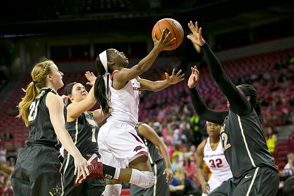 Arkansas' Malica Monk (3) goes up for a shot during a game against Vanderbilt on Monday, Feb. 8, 2016, at Bud Walton Arena in Fayetteville. 