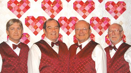 Submitted photo VALENTINES: Four guys, a rose, a card and a sweet love song. These are the things quartets from Fun City Barbershop Chorus will deliver for valentine greetings all over Hot Springs and Garland County on Friday, Saturday and Sunday. Members include, from left, Bart Hampton, Vic Harrington, Chuck Fish and Steve Campbell. Call the Valentine hotlines at 624-6100, 276-0700, or, for deliveries in the Hot Springs Village, 501-922-5805, to make special delivery arrangements or for more information.