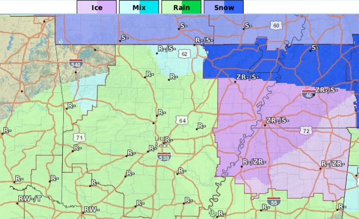 Snow and freezing rain may fall on parts of northern Arkansas as a storm moves across the state Sunday night.