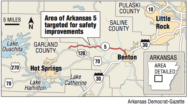 A map showing the area of Arkansas 5 targeted for safety improvements.