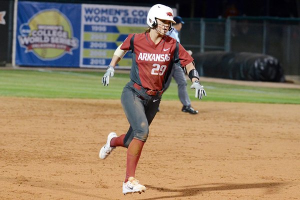 Nicole Schroeder hit the game-tying RBI-single in Arkansas' 8-4 win over North Dakota State on Friday, Feb. 12, 2016, in Austin, Texas.