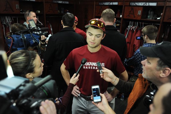 Arkansas position player Clark Eagan speaks Saturday, Feb. 13, 2016, during Media Day activities for the team at Baum Stadium in Fayetteville. The Razorbacks open the season when they host Central Michigan at 3 p.m. Friday.