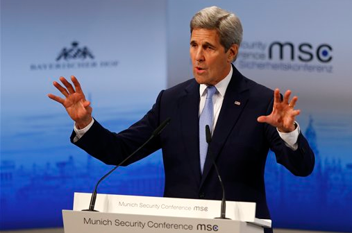 U.S. Secretary of State, John Kerry, gestures during his speech at the Security Conference in Munich, Germany, on Saturday, Feb. 13, 2016.