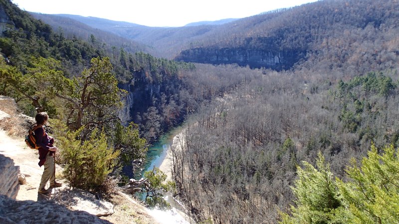 Views of the Buffalo National River unfold for hikers on the Goat Trail. The hike begins at the Centerpoint trail access near Ponca and visits Big Bluff where the panorama of the river is seen. The route is three miles out to the bluff then three miles back to the trail access. Karen Mowry of Nob Hill, east of Springdale, admires the view during a hike.