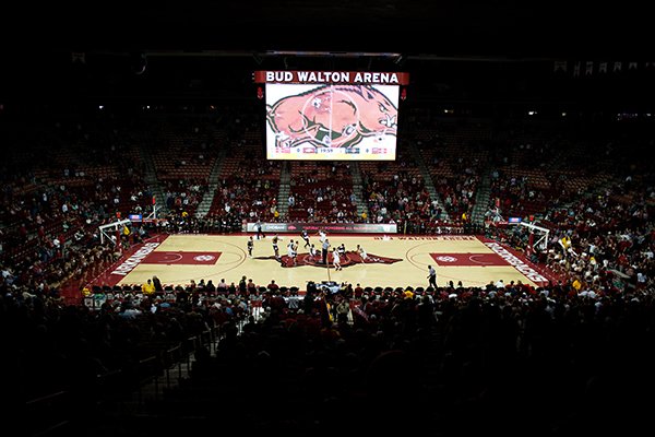 Arkansas tips off against Texas A&M at Bud Walton Arena during an NCAA college basketball game in Fayetteville, Ark., Wednesday, Jan. 27, 2016.(AP Photo/Sarah Bentham)
