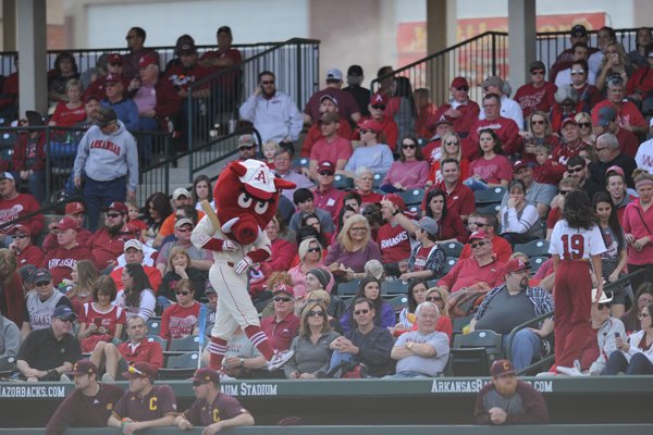 Fans watch Arkansas play Central Michigan on Friday, Feb. 19, 2016, at Baum Stadium in Fayetteville.