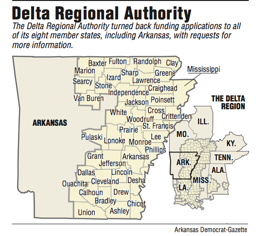 A map showing the Delta Regional Authority area.