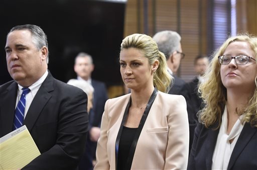 Sportscaster and TV host Erin Andrews, center, attends a hearing in Nashville, Tenn., Tuesday, Feb. 23, 2016. 