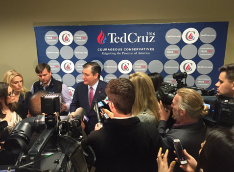 Presidential candidate Sen. Ted Cruz, R-Texas, answers questions from the media after a service at Cross Church in Springdale on Sunday, Feb. 28, 2016. 