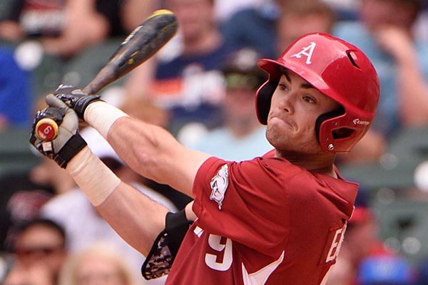 Arkansas' Clark Eagan hits a home run during the fifth inning of a game against Texas Tech on Sunday, Feb. 28, 2016, at Minute Maid Park in Houston. 