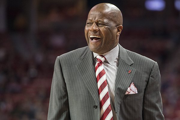 Arkansas head coach Mike Anderson calls out to his team against Auburn Wednesday, Feb. 17, 2016, at Bud Walton Arena in Fayetteville. 