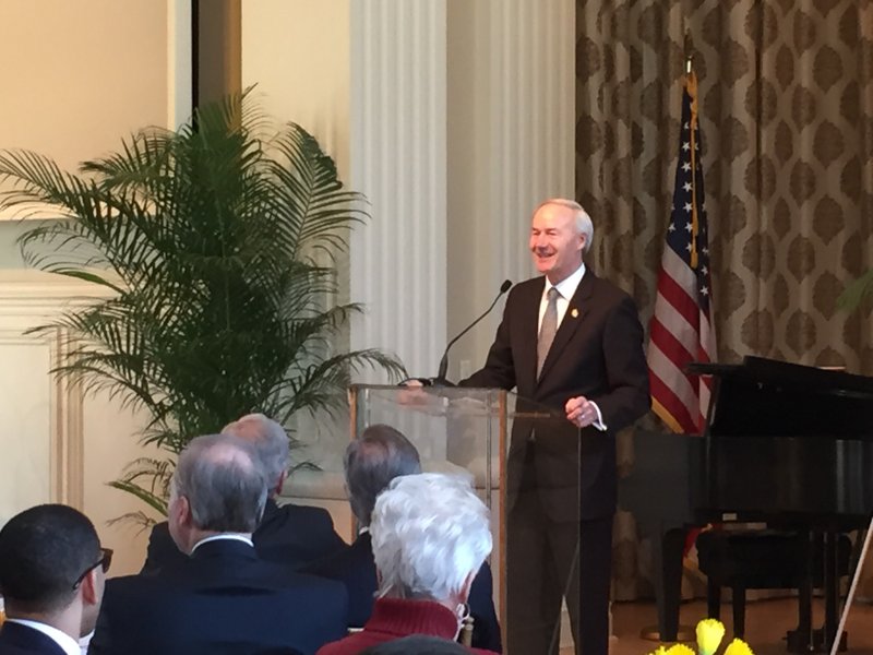 Gov. Asa Hutchinson addresses a meeting of the Political Animals Club of Little Rock on Wednesday, March 2.