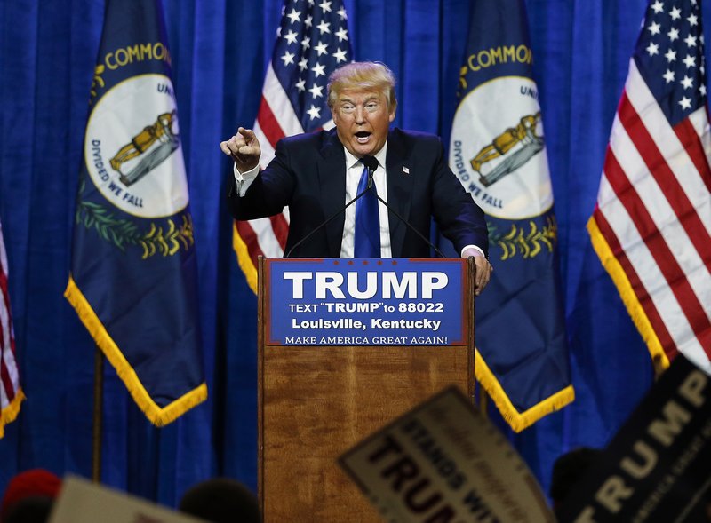 Republican presidential candidate Donald Trump speaks during a rally Tuesday, March 1, 2016, in Louisville, Ky. 