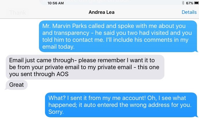 Text correspondence between Arkansas Auditor Andrea Lea (white background) and her former chief of staff, George Franks (blue background).