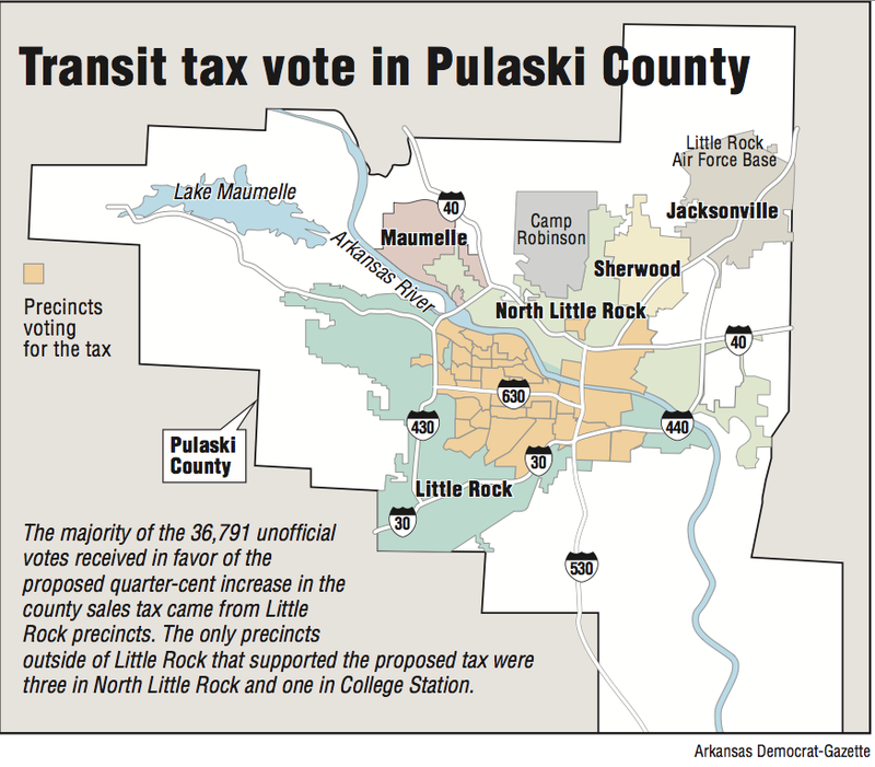 Map showing information about the Transit tax vote in Pulaski County.