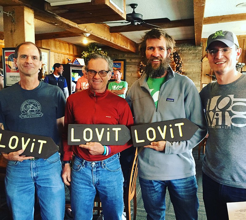 Submitted photo MILE RUN WINNERS: Winners of the LOViT 100 trail race, Paul Schoenlaub, left, Dale Humphrey, second from left, and Hunter Dodds, are joined by Dustin Speer, one of the race directors.