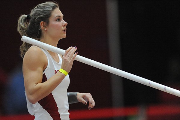 Lexi Weeks of Arkansas competes in the pole vault Friday, Jan. 15, 2016, during the Arkansas Invitational at the Randal Tyson Track Center.