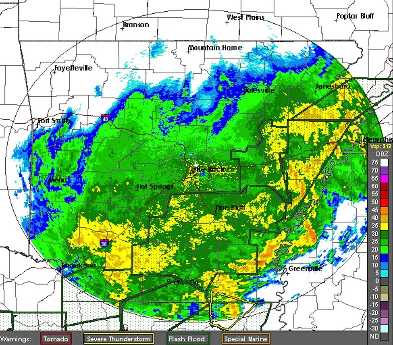 This National Weather Service radar image shows rain across much of Arkansas about 3 p.m. Wednesday.