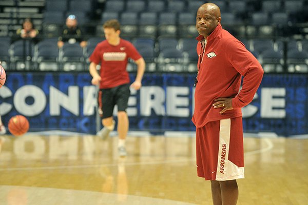 Arkansas coach Mike Anderson watches practice Wednesday, March 9, 2016, at Bridgestone Arena in Nashville, Tenn. 