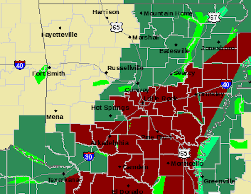 Active flash flood warnings in Arkansas as of about 4 p.m. Wednesday, according to the National Weather Service in Little Rock