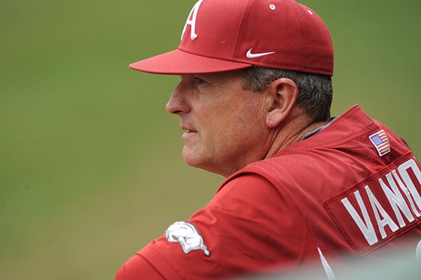 Arkansas coach Dave Van Horn watches during the Hogs' game with Gonzaga Wednesday, March 9, 2016, at Baum Stadium in Fayetteville. 