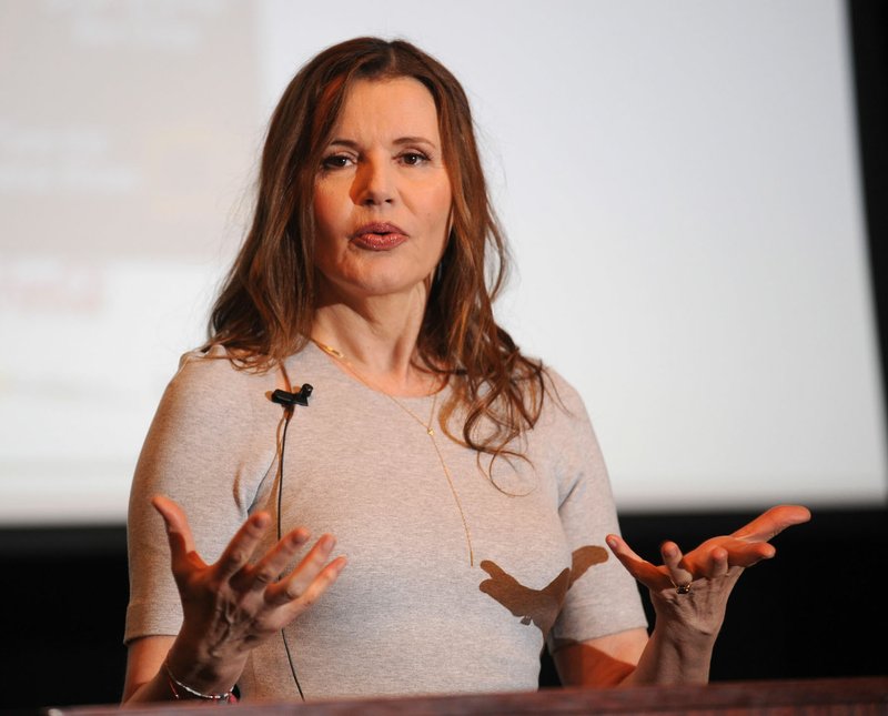 Geena Davis speaks Thursday in Giffels Auditorium in Old Main on the University of Arkansas campus in Fayetteville. Davis was in town to speak about gender in the media and to promote the upcoming Bentonville Film Festival.