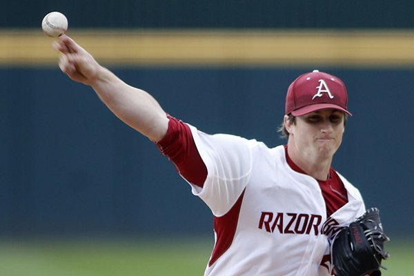 Arkansas' Dominic Taccolini throws a pitch during a game against Western Illinois on Friday, March 11, 2016, at Baum Stadium in Fayetteville. 